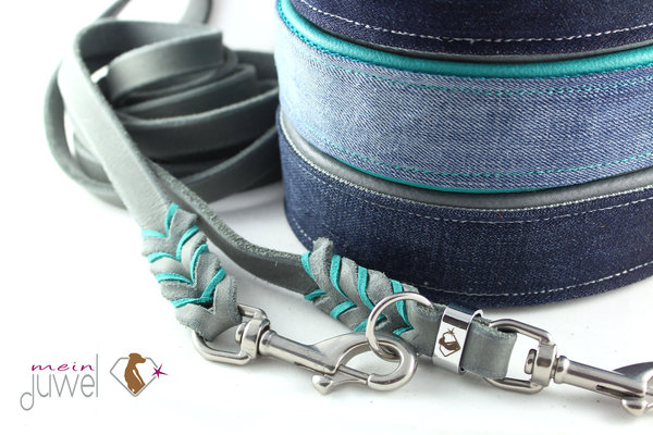 Hundehalsband Upcycling Jeans, Aluklickverschluss, verschiedene Lederfarben